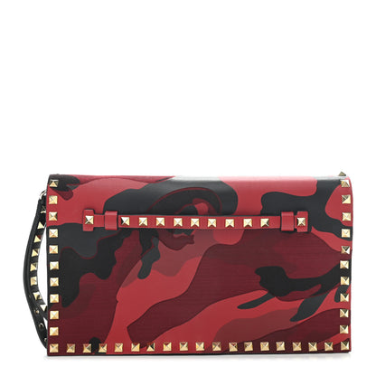 Valentino Garavani Nappa Canvas Camouflage Rockstud Wristlet Clutch Red Black 1 of 8