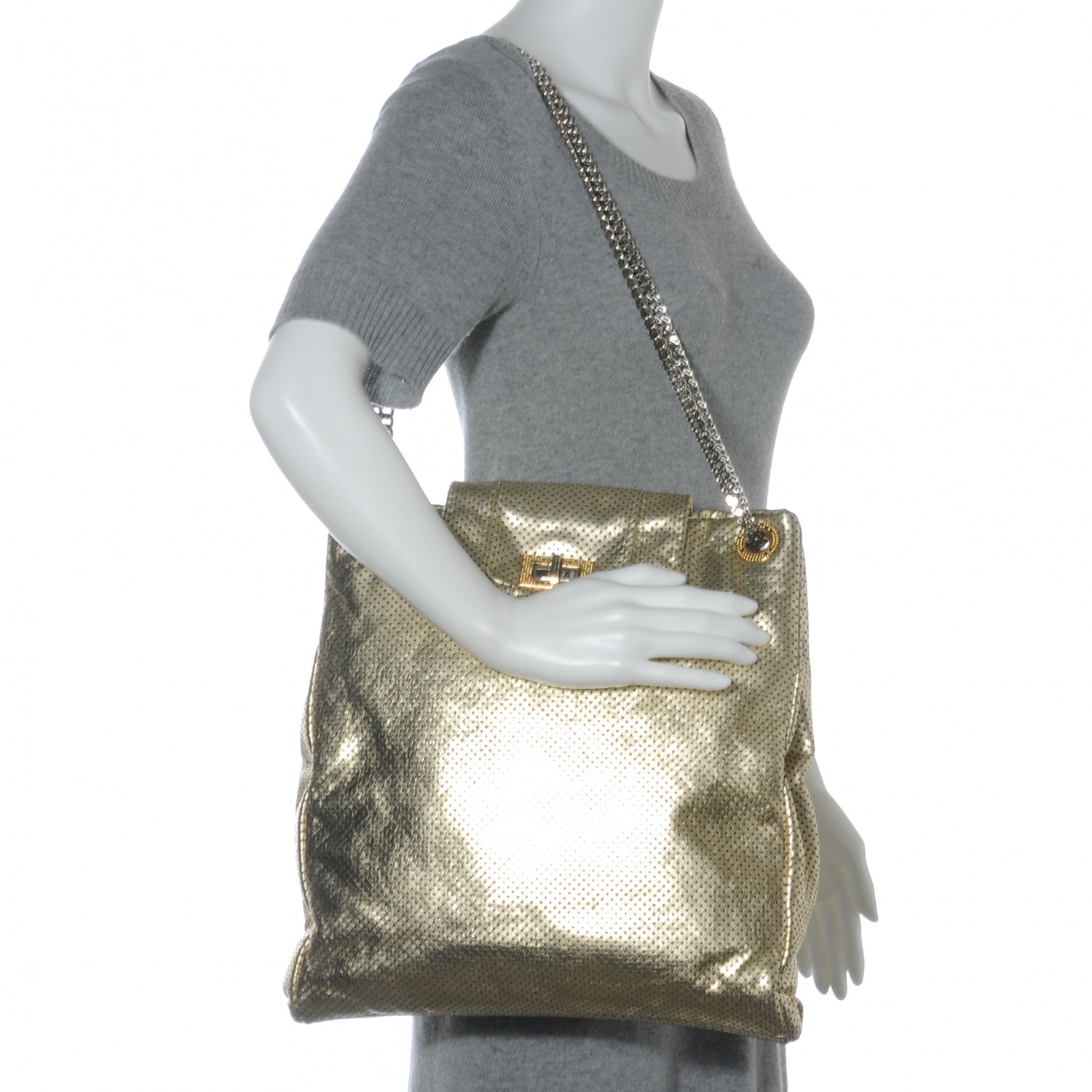 Chanel Metallic Crackled Calfskin Perforated Drill Shoulder Bag Gold 2 of 7