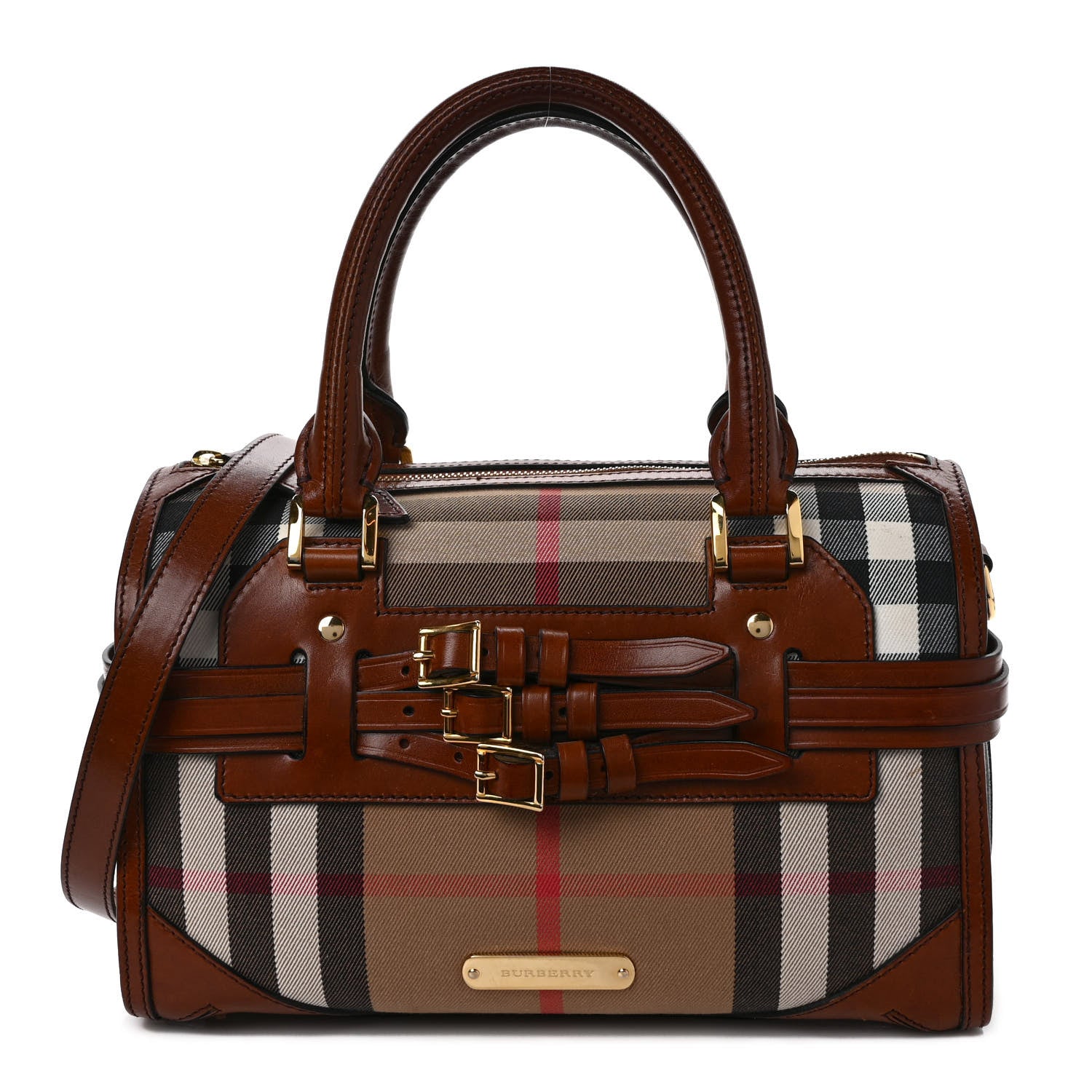 Burberry House Check Bridle Calfskin Medium Alchester Bowling Bag Dark Tan 1 of 10