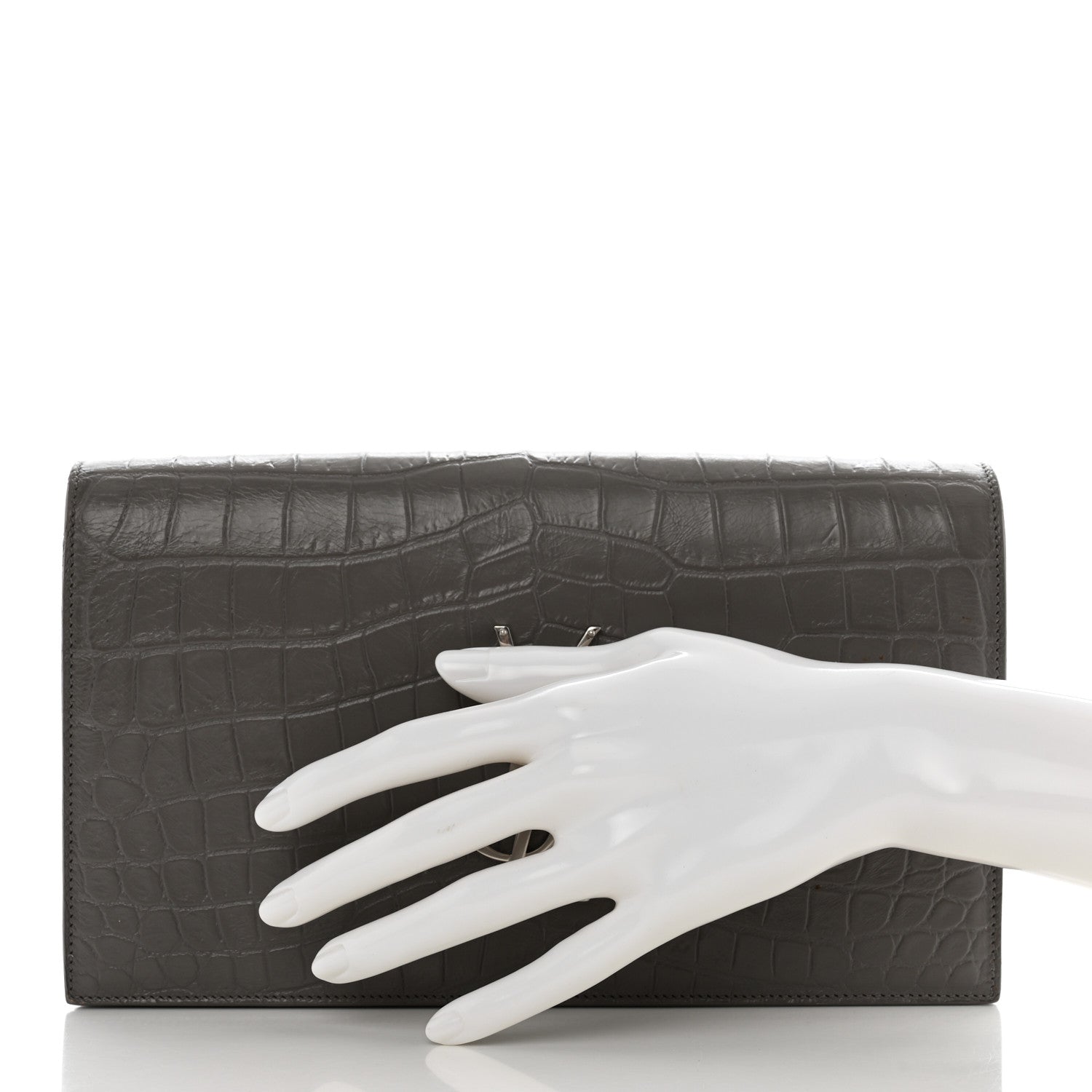 Saint Laurent Croc Embossed Calfskin Classic Kate Monogram Clutch Fog 2 of 8