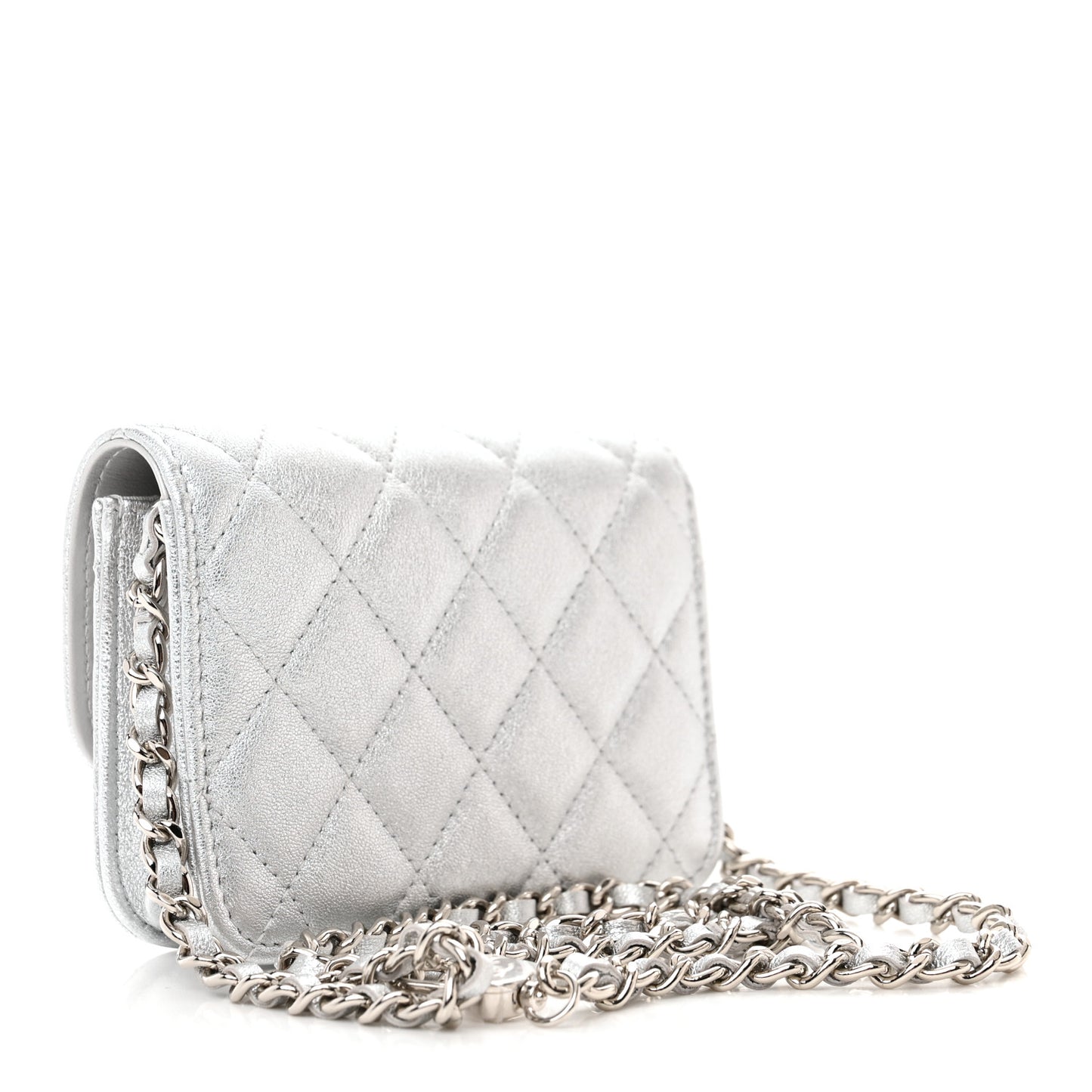 Metallic Goatskin Quilted Crystal CC Walk Of Fame Clutch With Chain Silver