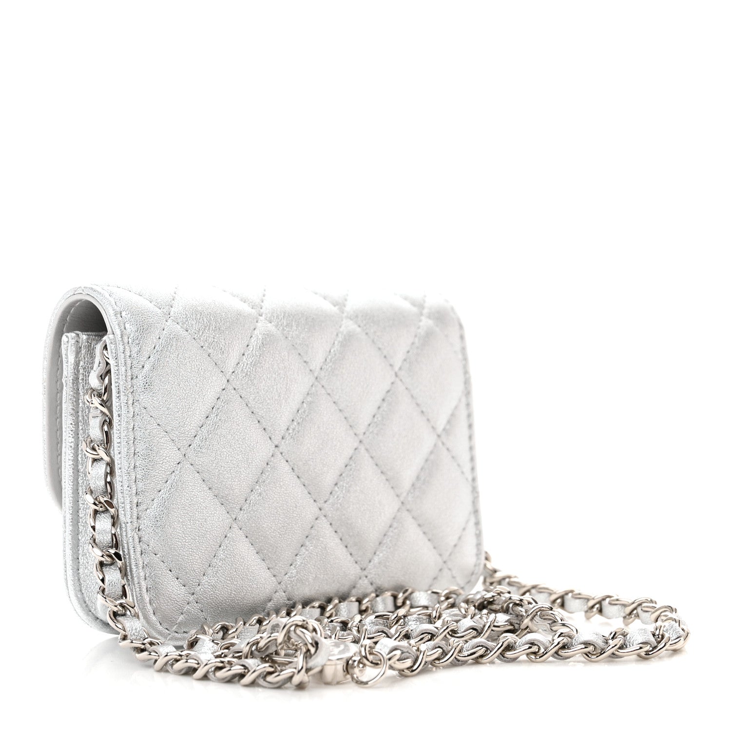 Chanel Metallic Goatskin Quilted Crystal CC Walk Of Fame Clutch With Chain Silver 3 of 13