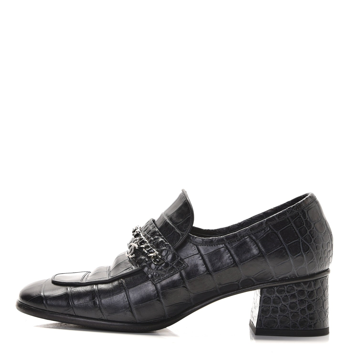 Chanel Calfskin Crocodile Embossed CC Chain Mocassin Loafers 40 Navy 1 of 11