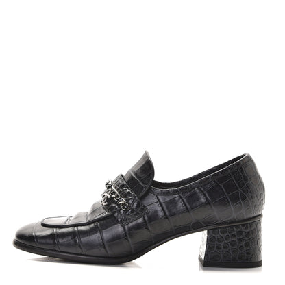 Chanel Calfskin Crocodile Embossed CC Chain Mocassin Loafers 40 Navy 1 of 11