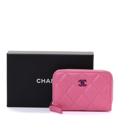 Chanel Lambskin Quilted Zip Around Coin Purse Wallet Pink Yellow 8 of 8