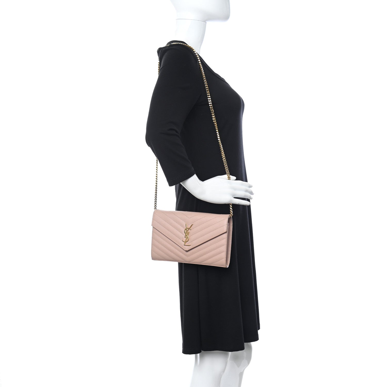 Saint Laurent Grain De Poudre Matelasse Chevron Monogram Chain Wallet Pale Pink 2 of 12