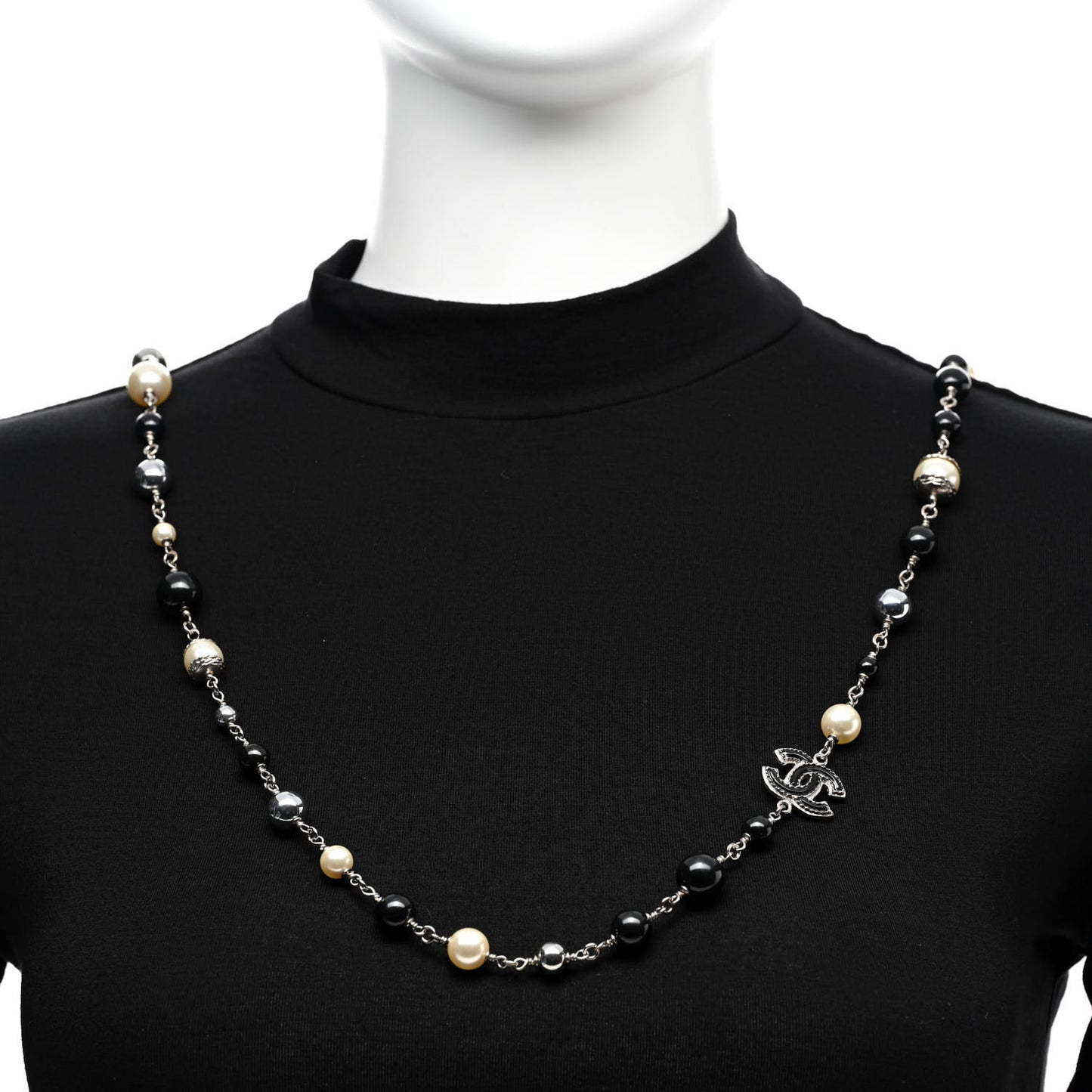 Pearl Bead Enamel CC Baroque Long Necklace Black Silver