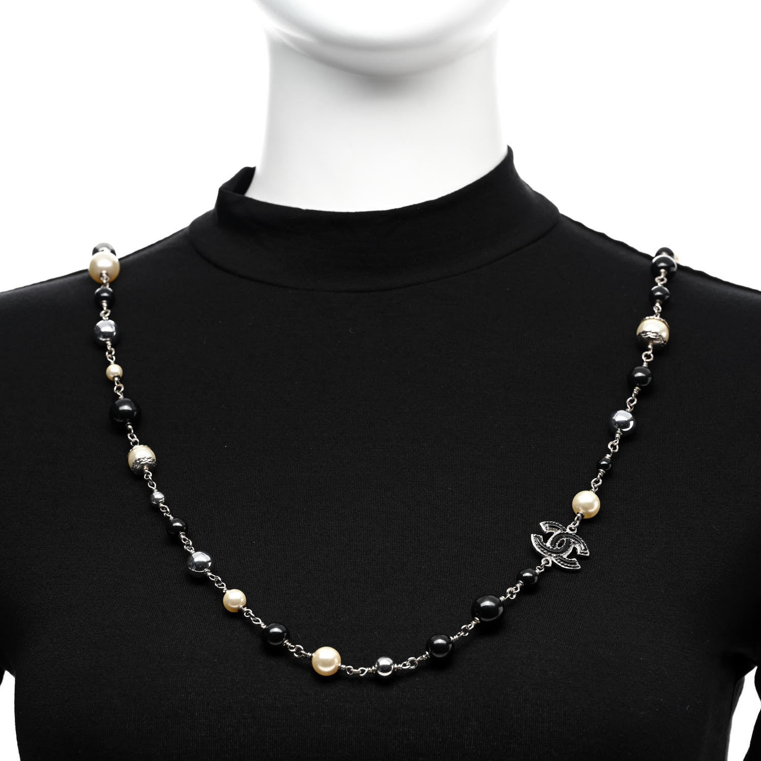 Chanel Pearl Bead Enamel CC Baroque Long Necklace Black Silver 2 of 5