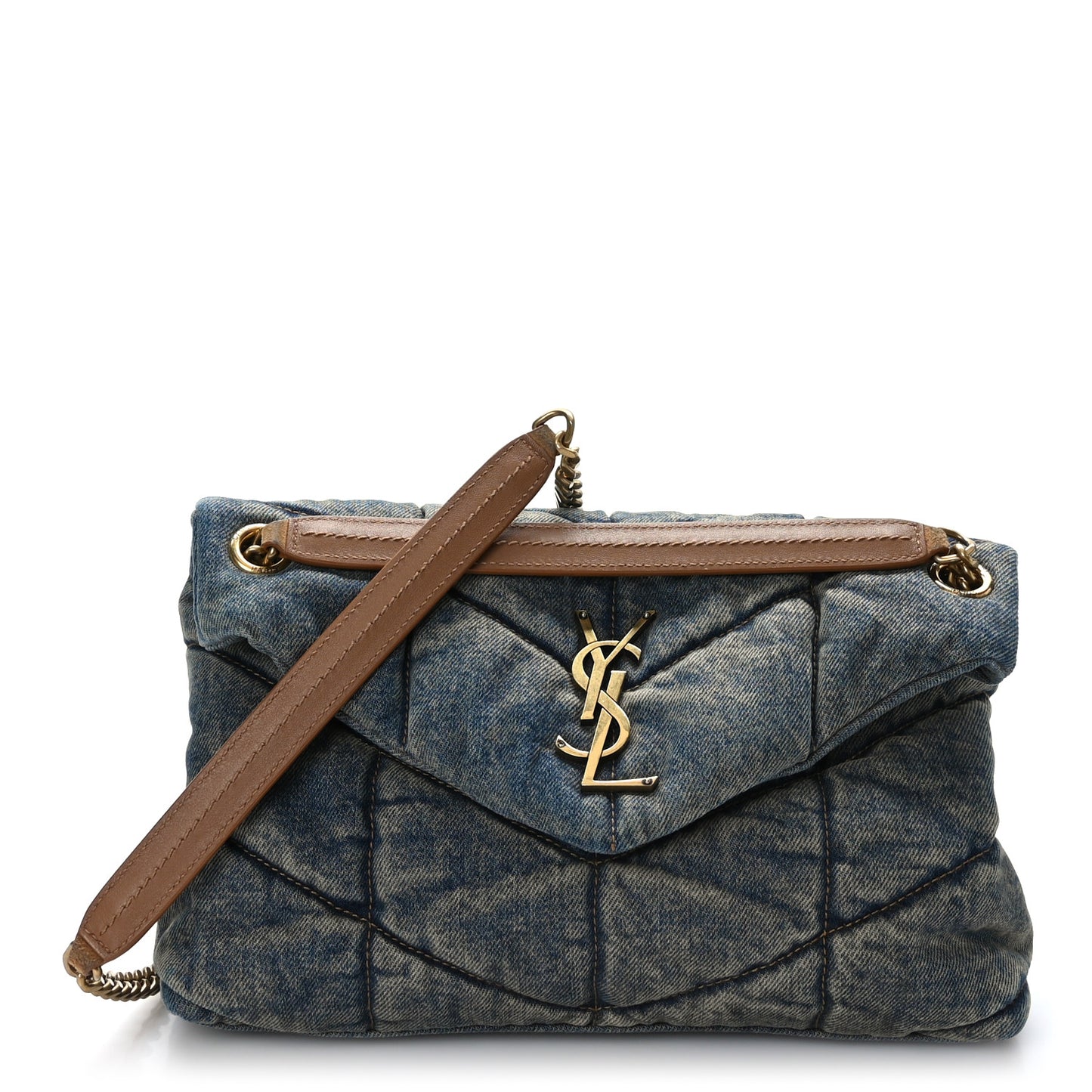 Denim Quilted Small Loulou Puffer Monogram Chain Satchel Blue Cinnamon