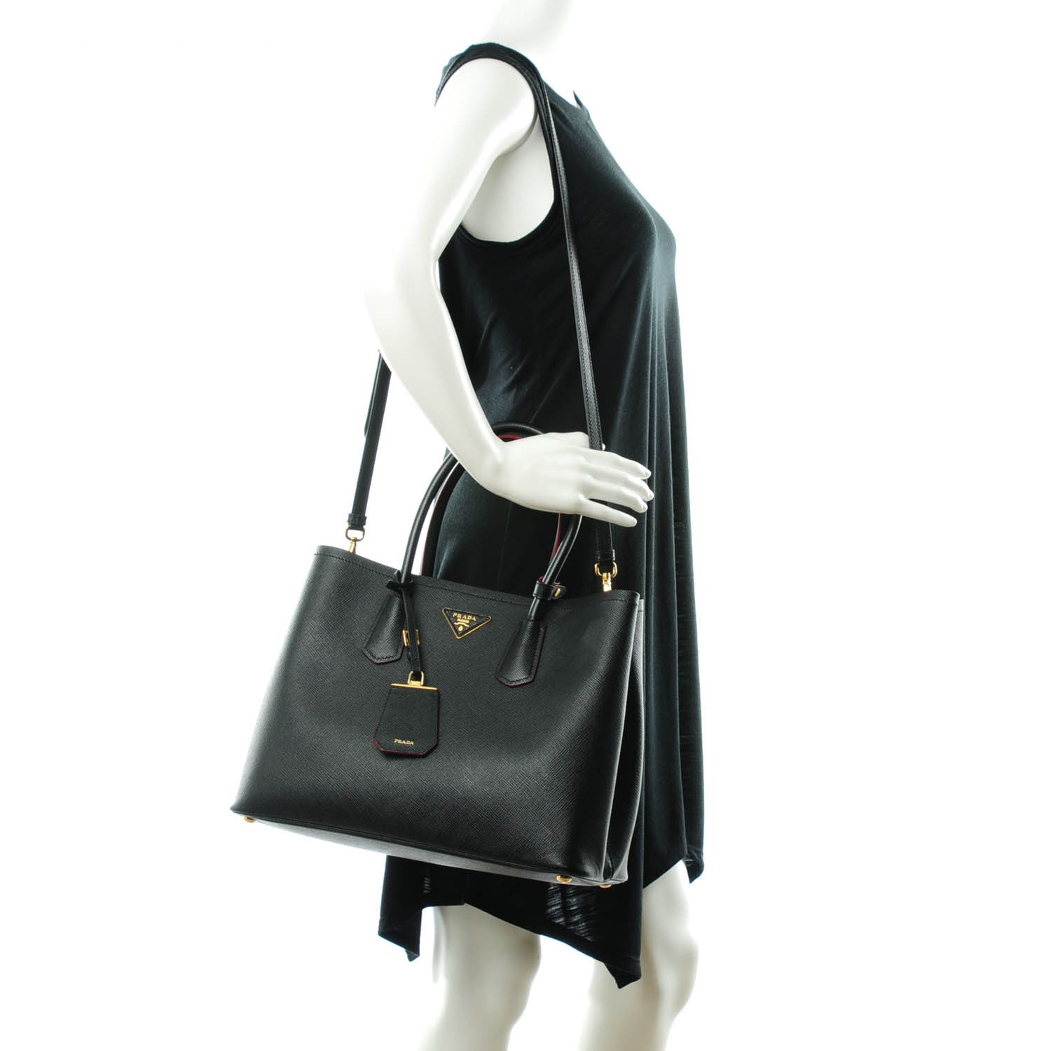 Prada Saffiano Cuir Large Double Bag Nero Black Ciliegia 2 of 8