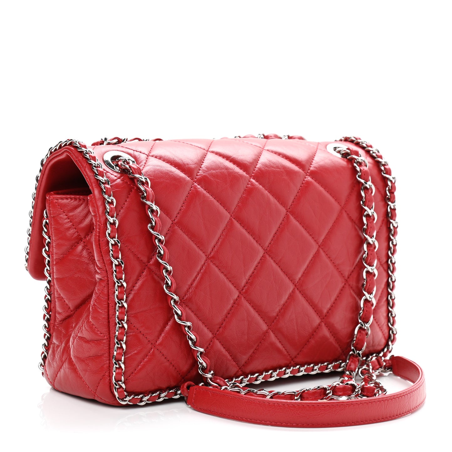 Crumpled Calfskin Medium Chain All Over Flap Red