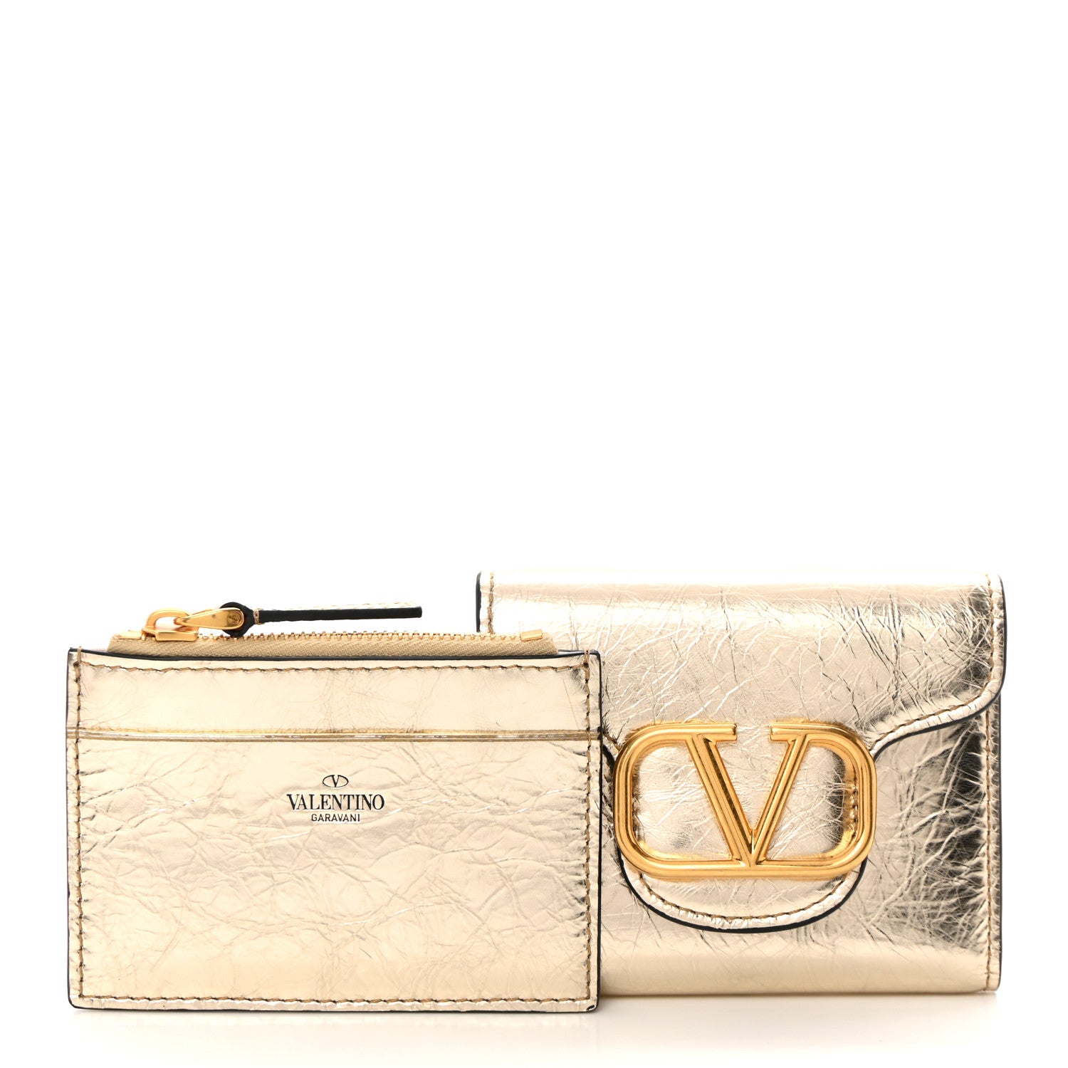 Valentino Garavani Metallic Crackle Effect Calfskin Small Loco Wallet Platino 3 of 10