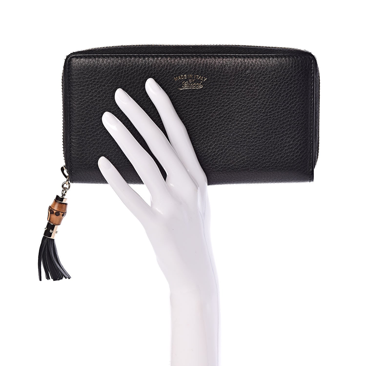 Gucci Pebbled Calfskin Bamboo Tassel Zip Around Wallet Black 2 of 10