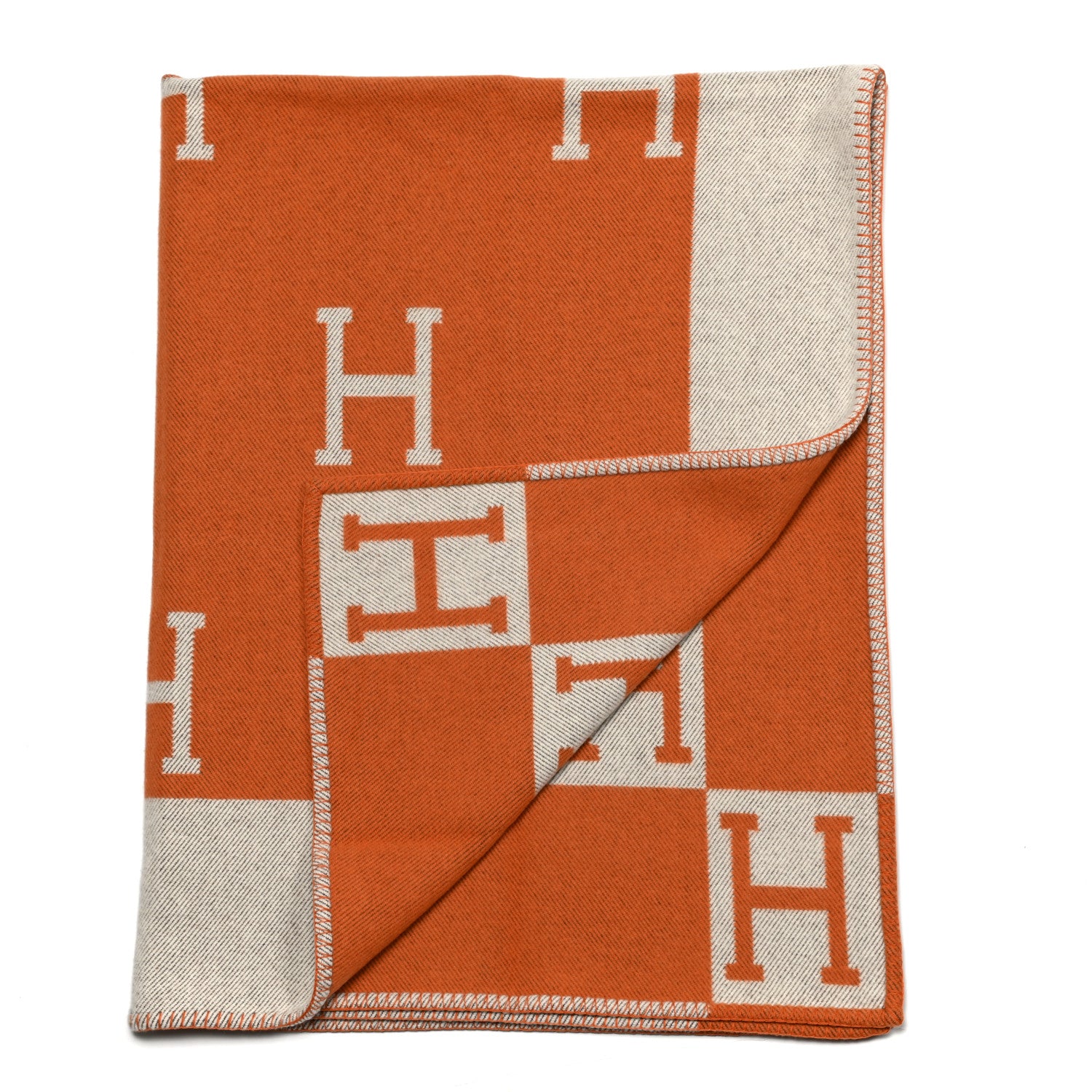 Hermes Wool Cashmere Signature Classic Avalon Blanket Ecru Potiron 2 of 3