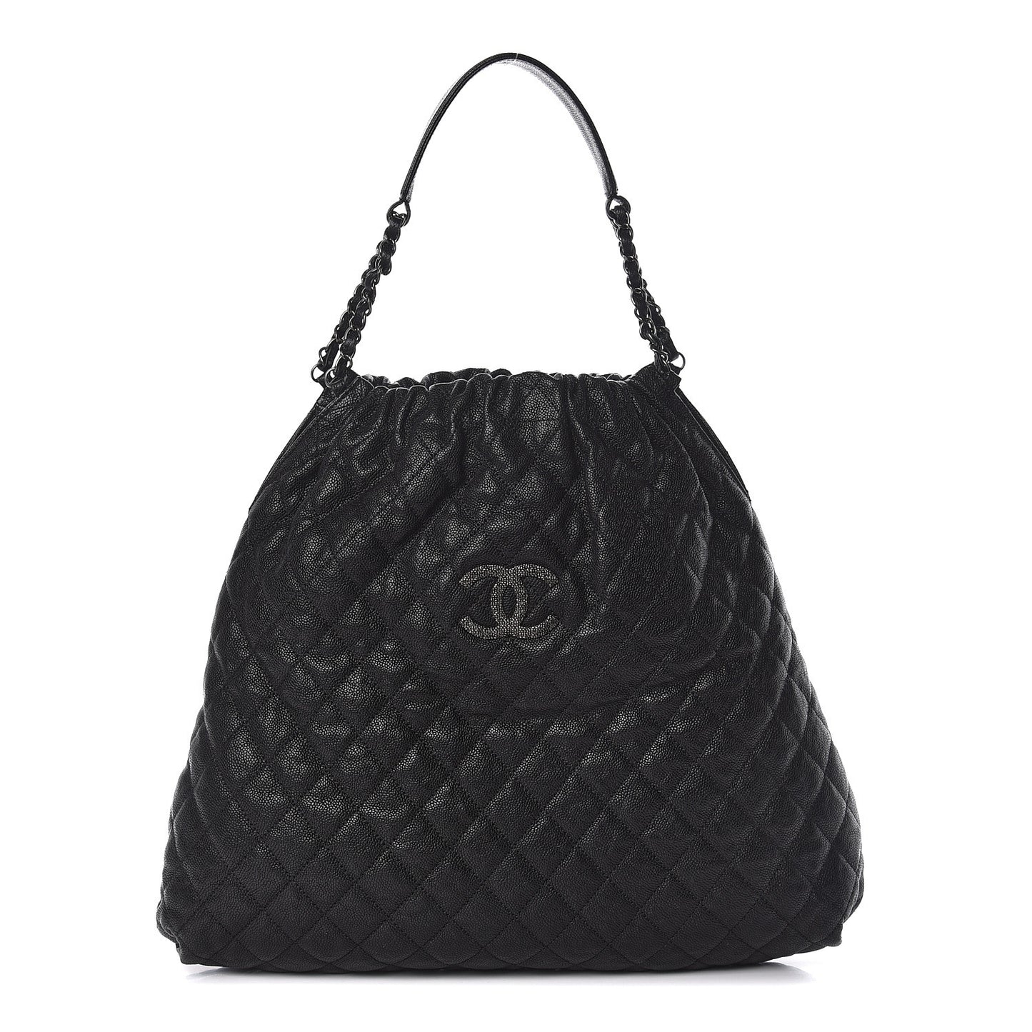 Distressed Glazed Caviar Quilted Large Elastic Tote Black