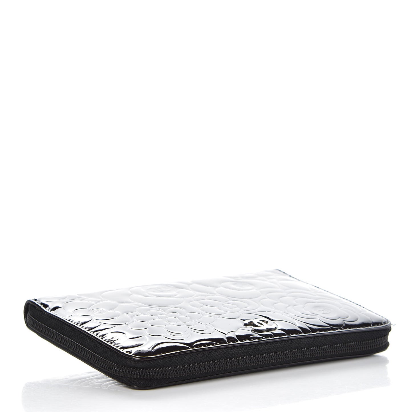 Patent Camellia Embossed Large Zip Around Gusset Wallet Black