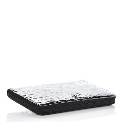 Chanel Patent Camellia Embossed Large Zip Around Gusset Wallet Black 4 of 9