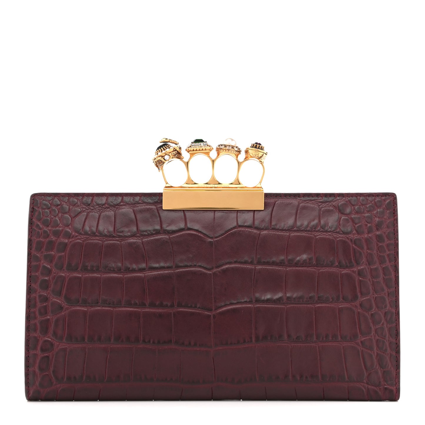 Calfskin Crocodile Embossed Knuckle Flat Clutch Burgundy