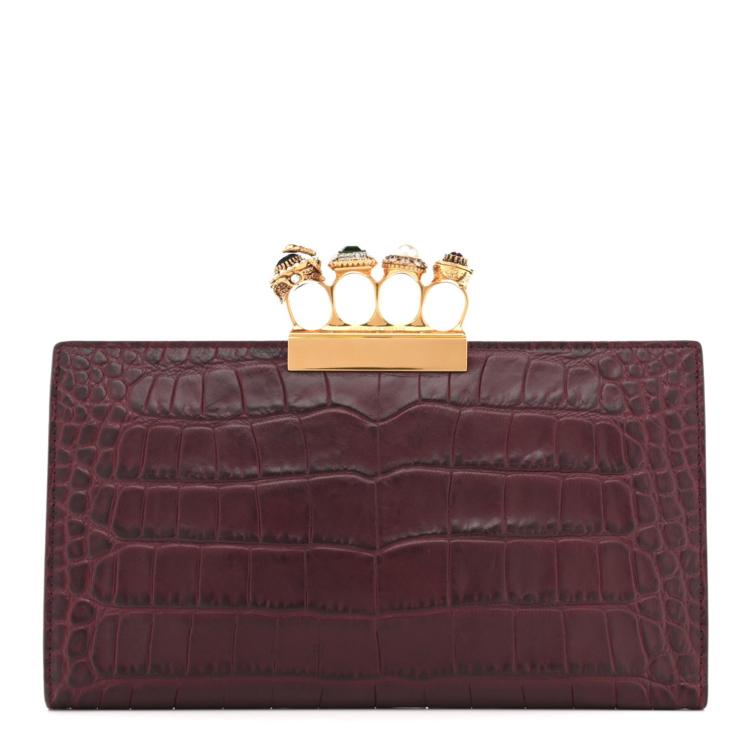Alexander McQueen Calfskin Crocodile Embossed Knuckle Flat Clutch Burgundy 1 of 7