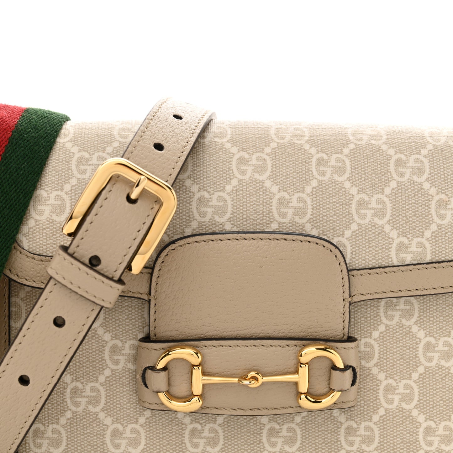 GG Supreme Monogram Textured Dollar Calfskin Web Mini Horsebit 1955 Shoulder Bag Beige Mystic White Oatmeal
