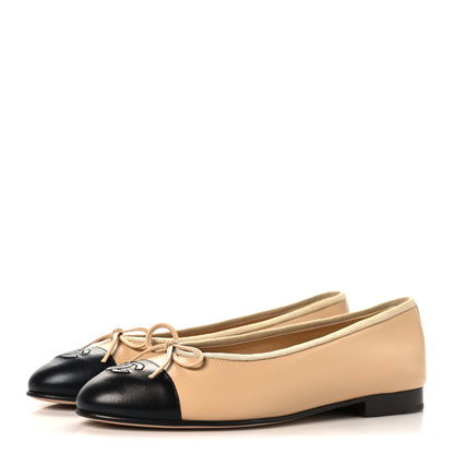 Chanel Lambskin Cap Toe CC Ballerina Flats 37 Beige Black 4 of 10