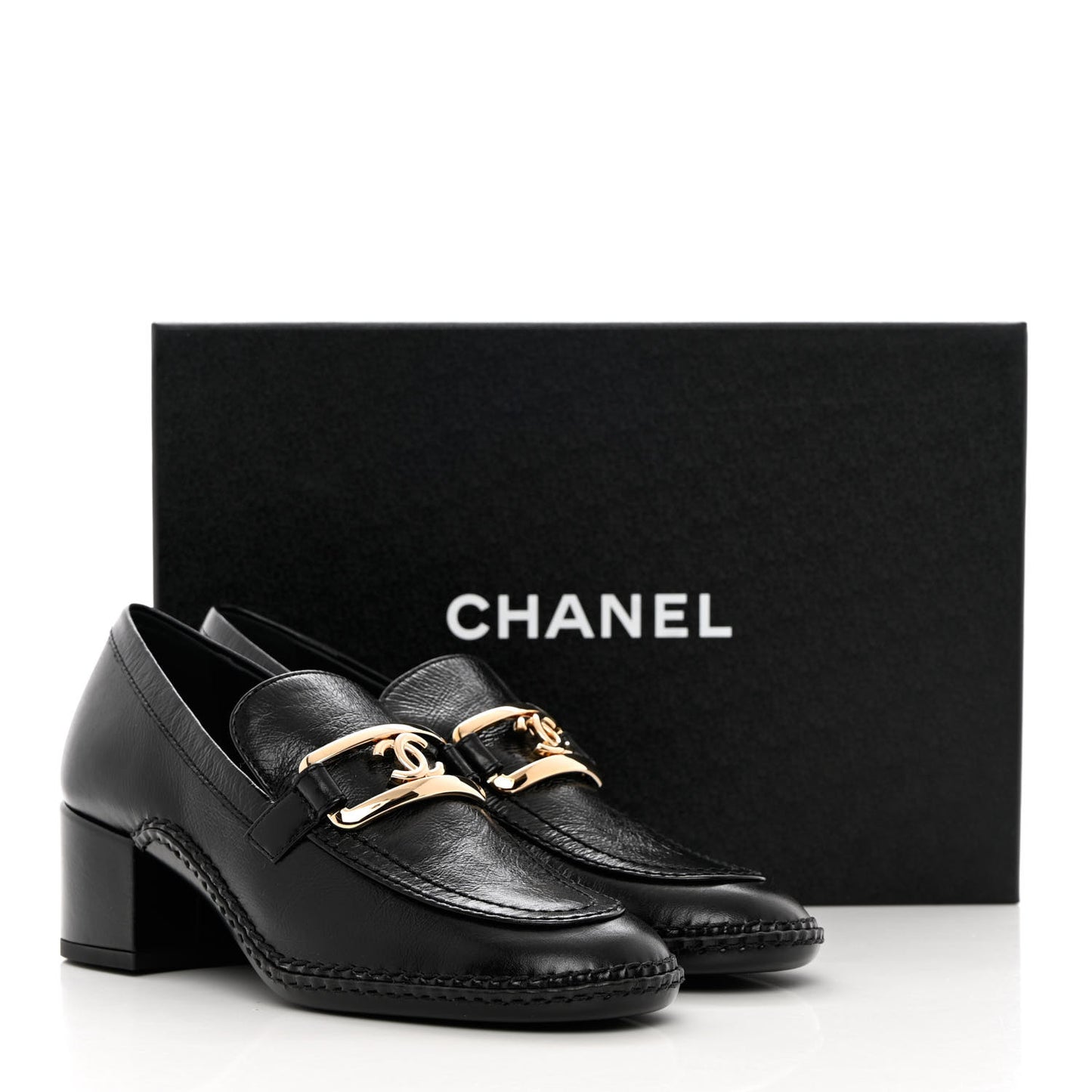 Shiny Calfskin Metal CC Loafers 37 Black