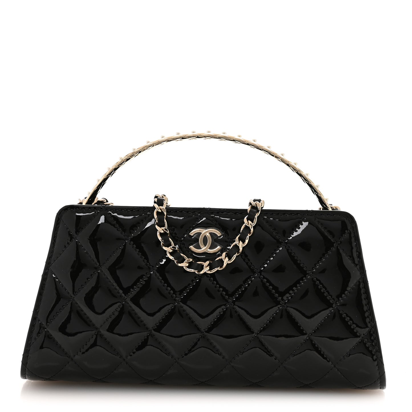 Patent Calfskin Quilted Pearl Clutch With Chain Black