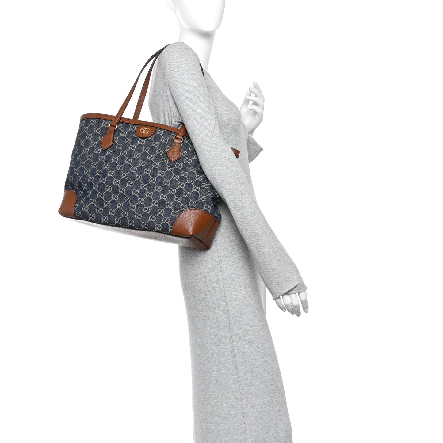 New Denim GG Monogram Medium Ophidia Shopping Tote Blue Tea Cuir