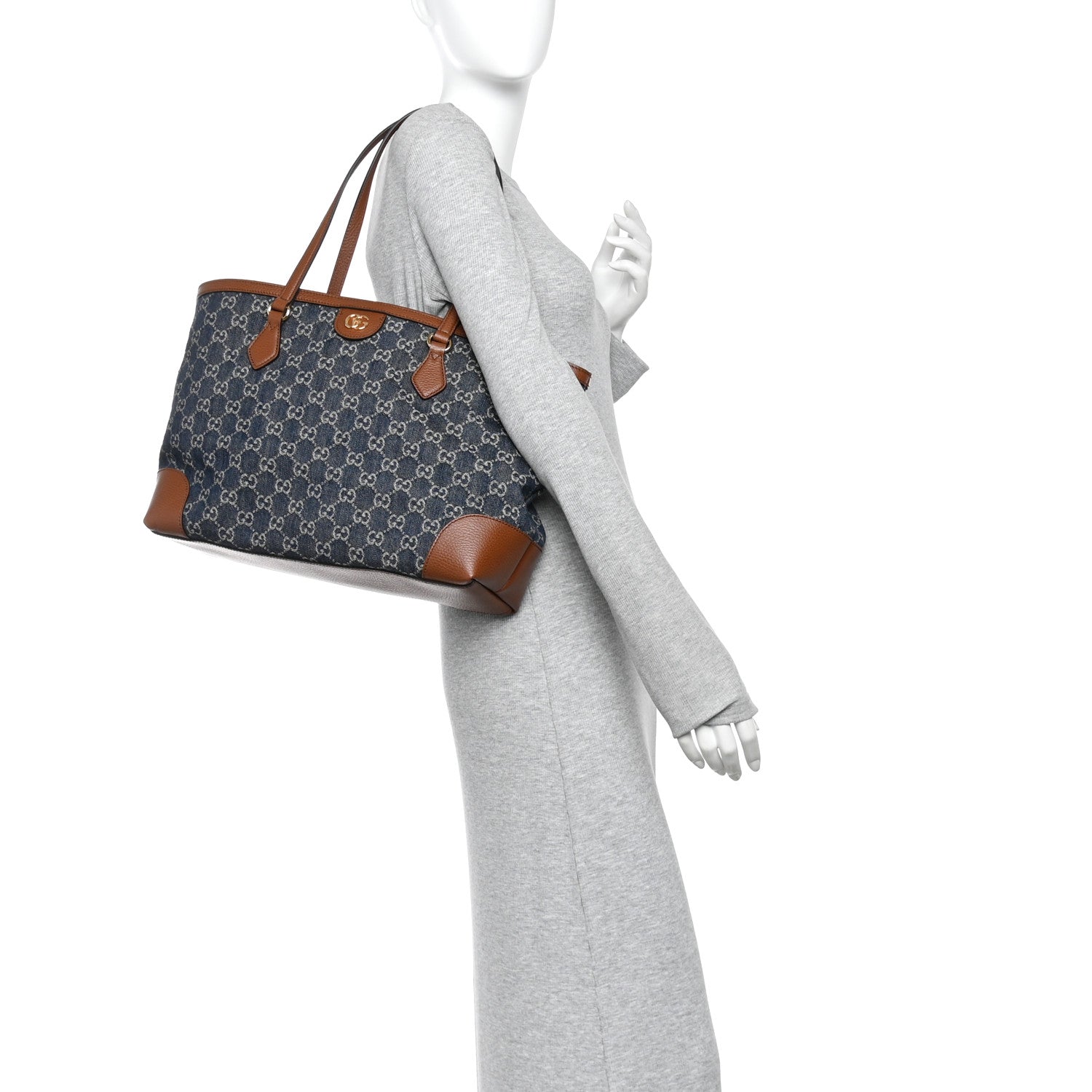 Gucci New Denim GG Monogram Medium Ophidia Shopping Tote Blue Tea Cuir 2 of 10
