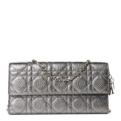 Christian Dior Metallic Grained Calfskin Cannage Lady Dior Rendezvous Wallet On Chain Gunmetal Grey 1 of 5