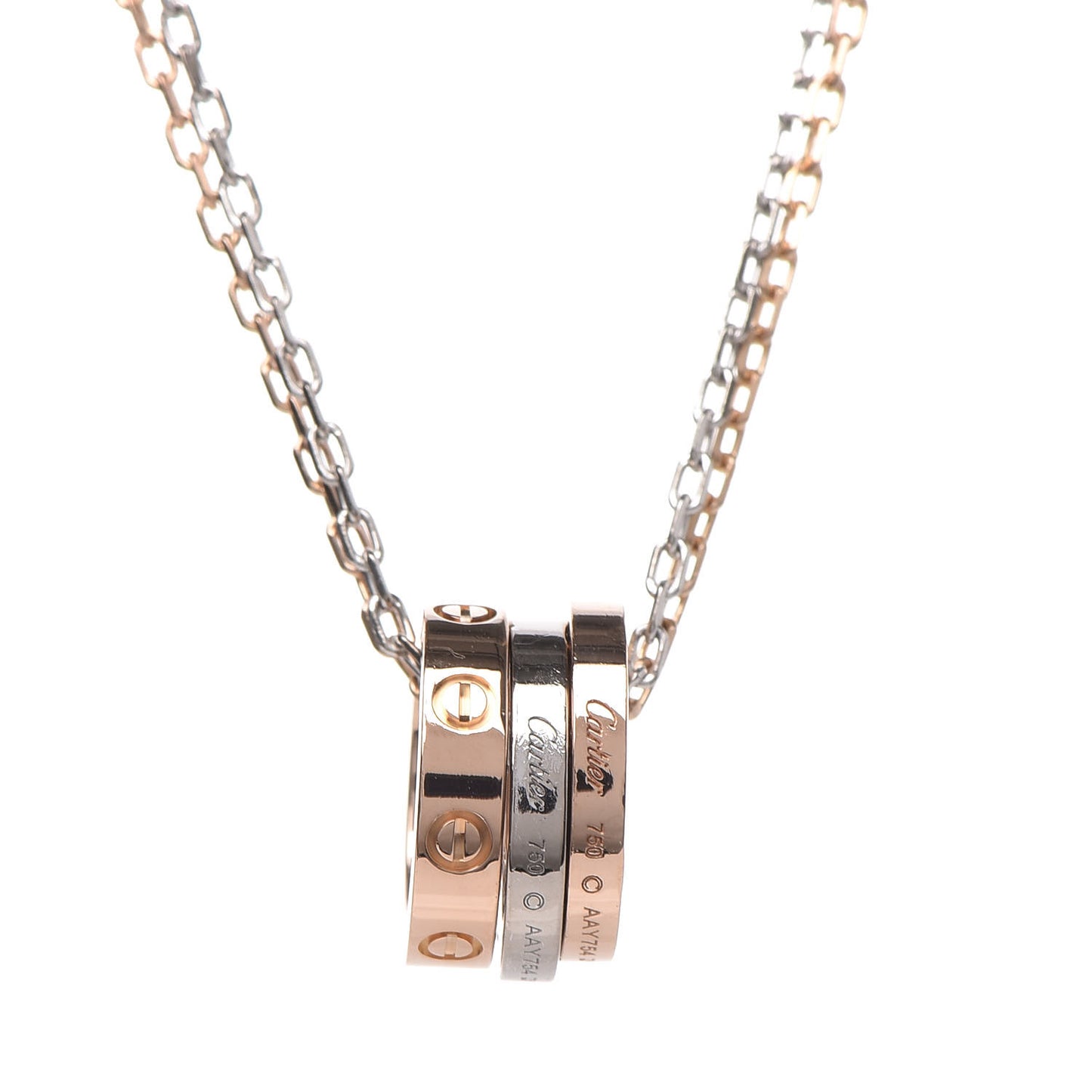 18K White Pink Gold Diamond Three Ring LOVE Pendant Necklace