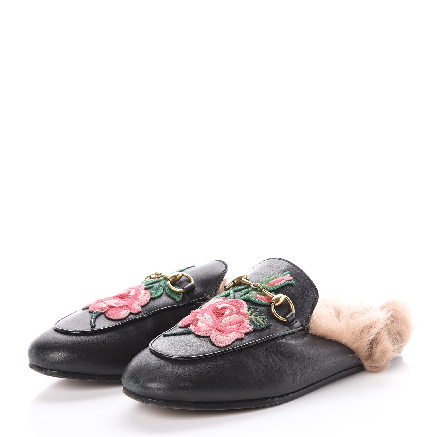 Gucci Calfskin Fur Flower Embroidered Womens Princetown Slippers 36 Black 3 of 11