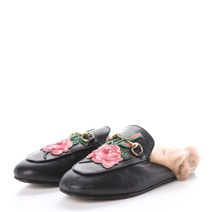 Gucci Calfskin Fur Flower Embroidered Womens Princetown Slippers 36 Black 3 of 11