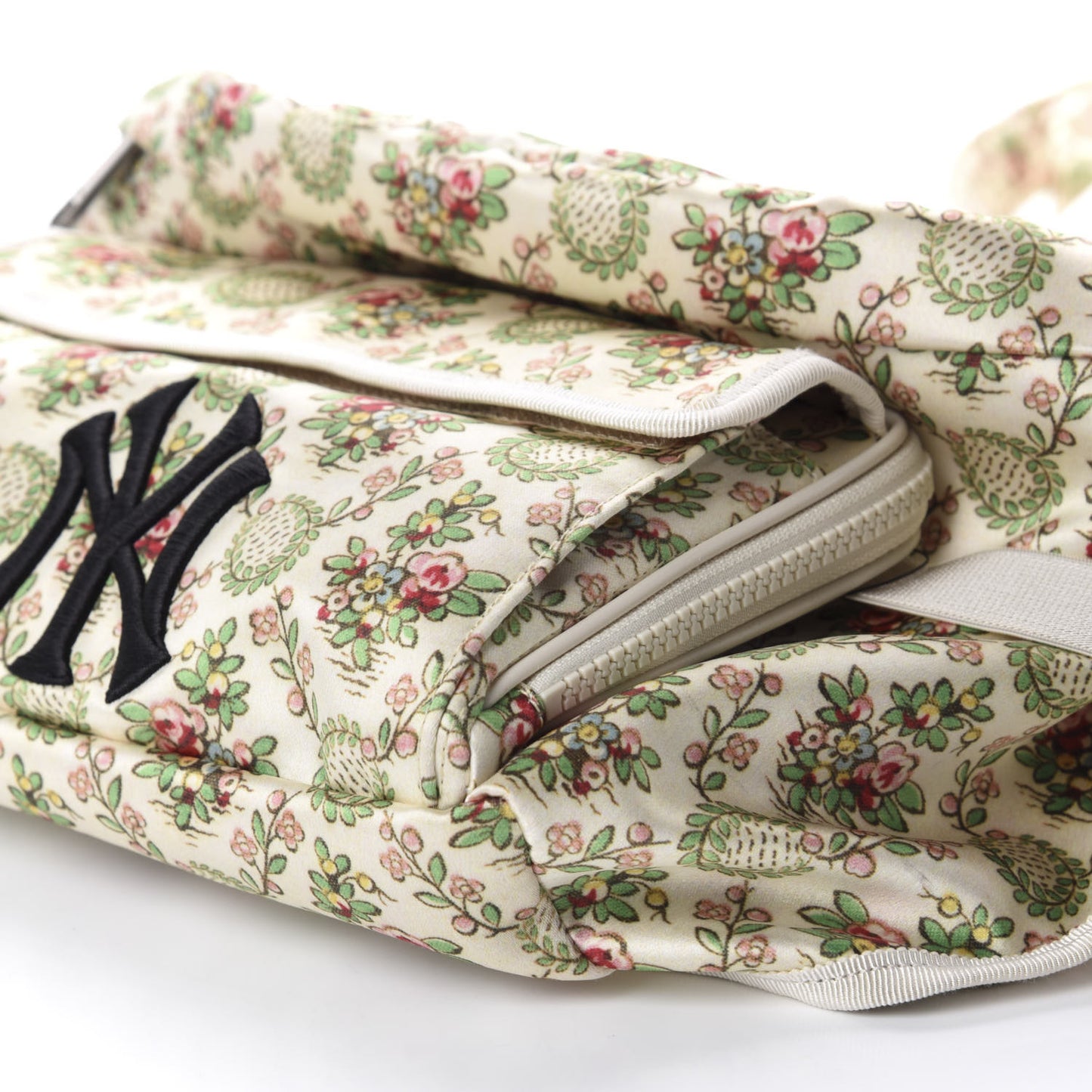 X MLB Satin Floral Print NY Yankees Patch Convertible Belt Bag Ivory Green