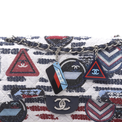 Chanel Tweed Airline Printed Jumbo Double Flap White Navy Red Peacock 11 of 11