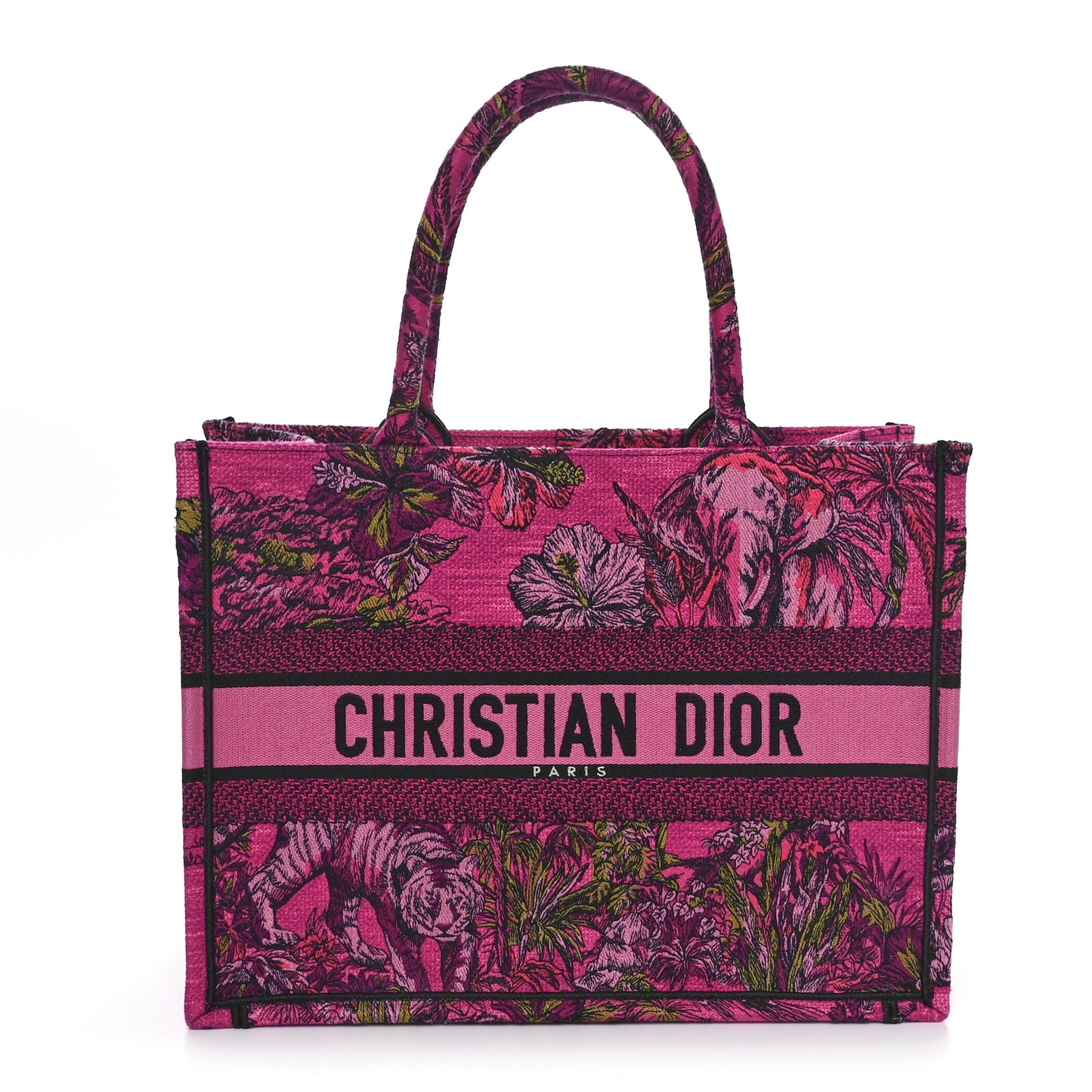 Canvas Embroidered Medium Toile de Jouy Voyage Book Tote Fuchsia Multicolor