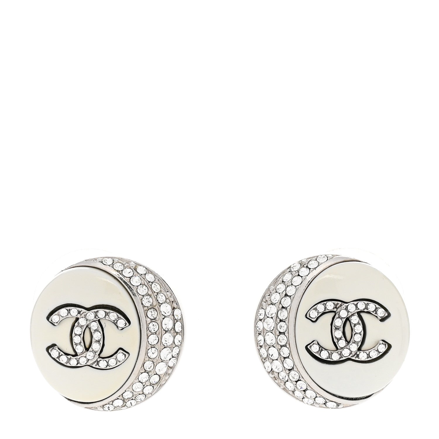 Chanel Pearl Crystal CC Round Earrings Silver 1 of 5