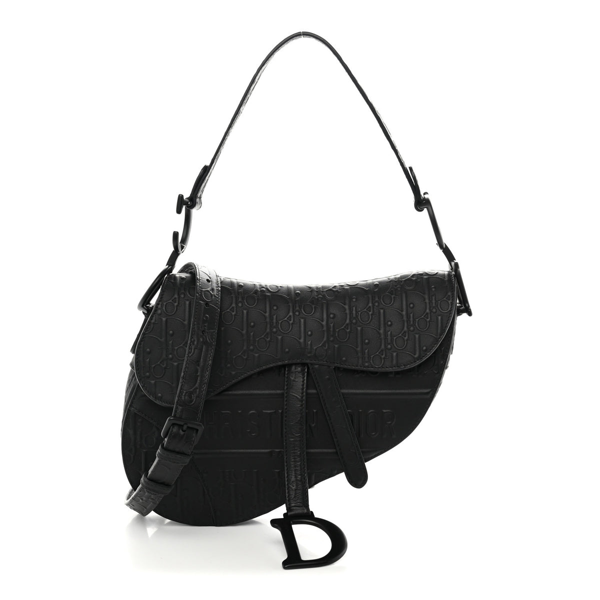 Calfskin Embossed Oblique Saddle Bag With Strap Black