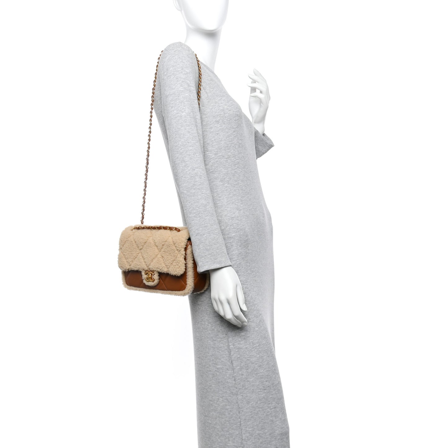 Shearling Lambskin Quilted Furry Coco Flap Beige Brown