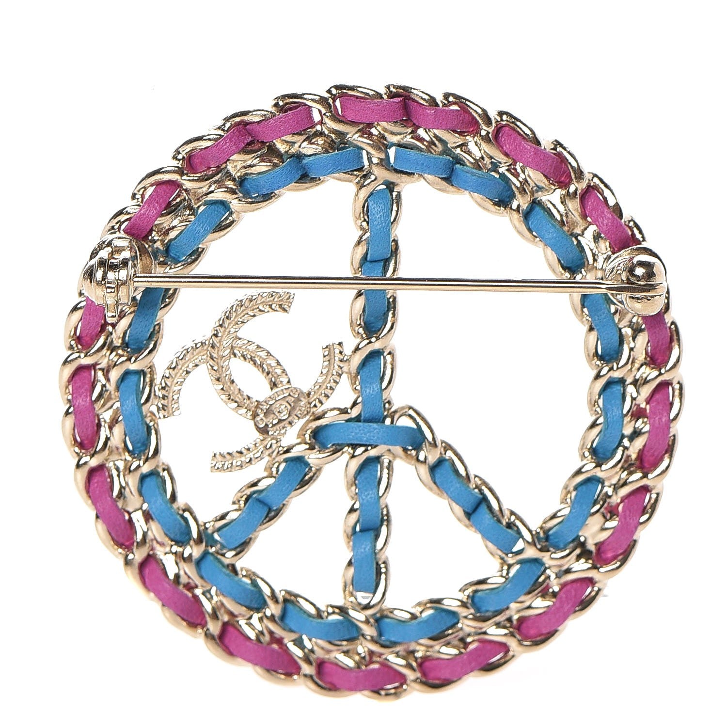 Chanel Metal Calfskin Chain Peace Sign CC Brooch Blue Purple Gold 3 of 4