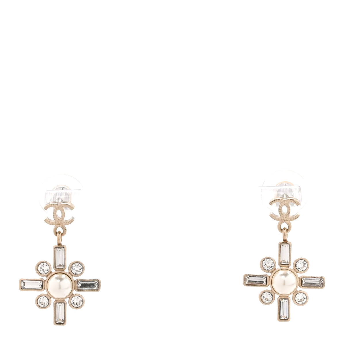 Chanel Crystal Baguette Pearl Sparkling Pearl CC Drop Earrings Light Gold 1 of 4