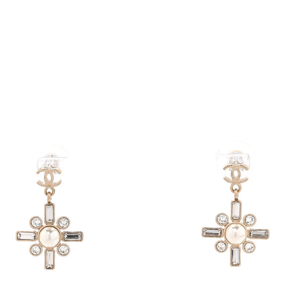 Chanel Crystal Baguette Pearl Sparkling Pearl CC Drop Earrings Light Gold 1 of 4