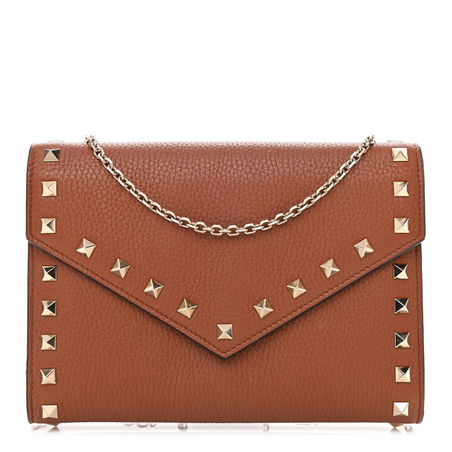 Pebbled Calfskin Rockstud Envelope Wallet on Chain Bright Cognac