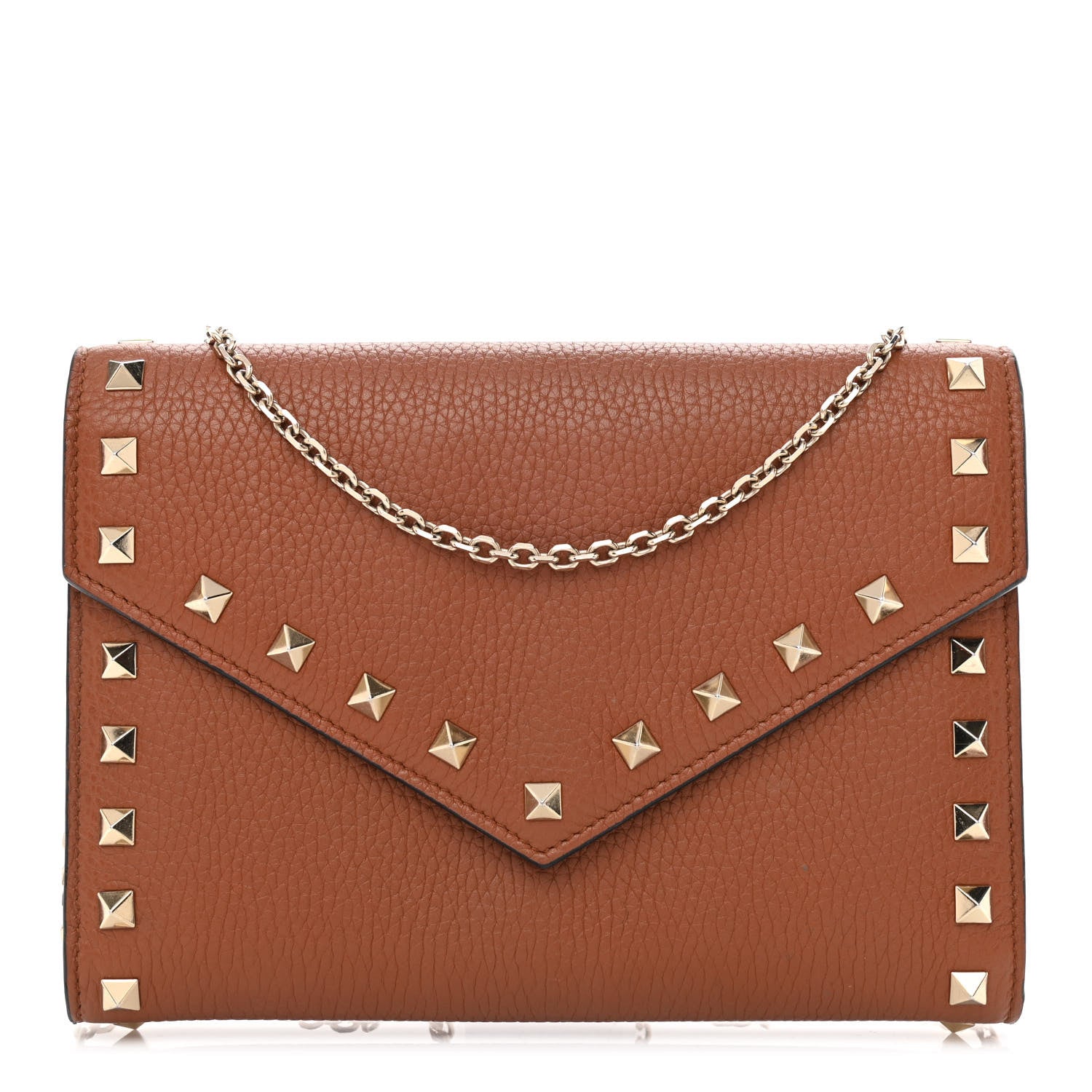 Valentino Garavani Pebbled Calfskin Rockstud Envelope Wallet on Chain Bright Cognac 1 of 10