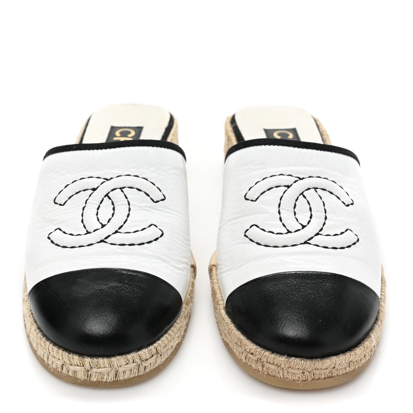 Crumpled Goatskin CC Espadrille Mules 35 White Black