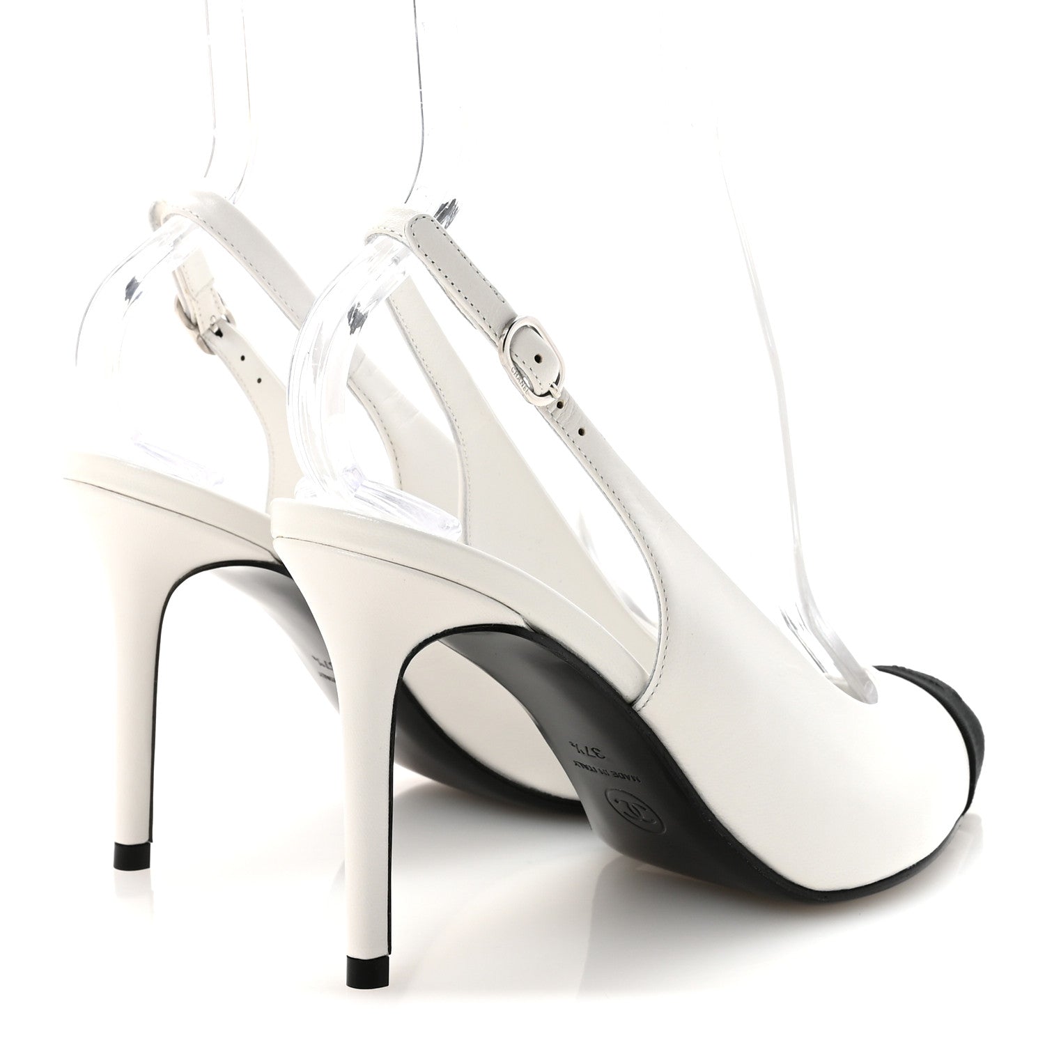 Chanel Goatskin Grosgrain Pointed Cap Toe CC Slingback Pumps 37.5 White Black 5 of 10
