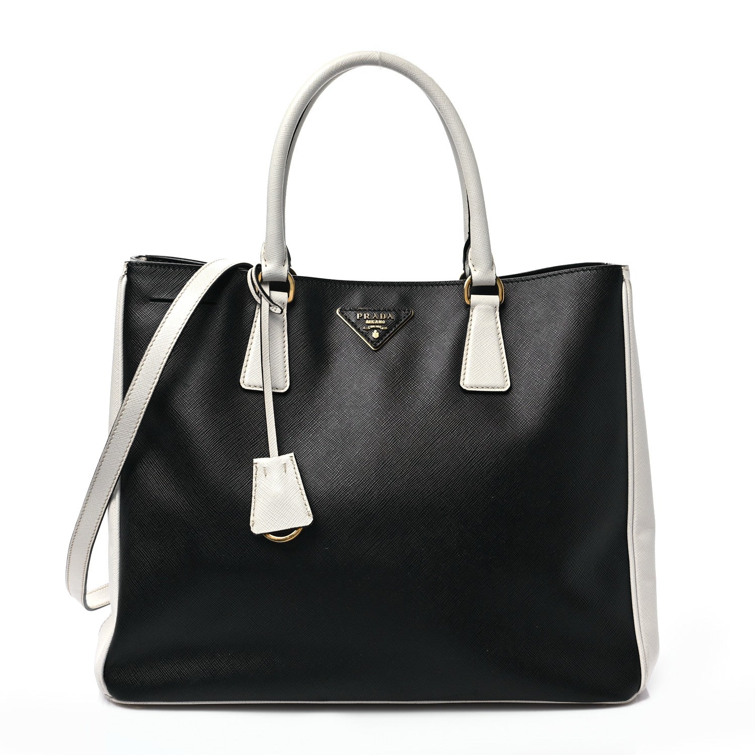 Prada Saffiano Lux Medium Bi-Color Tote Black Talco 1 of 8