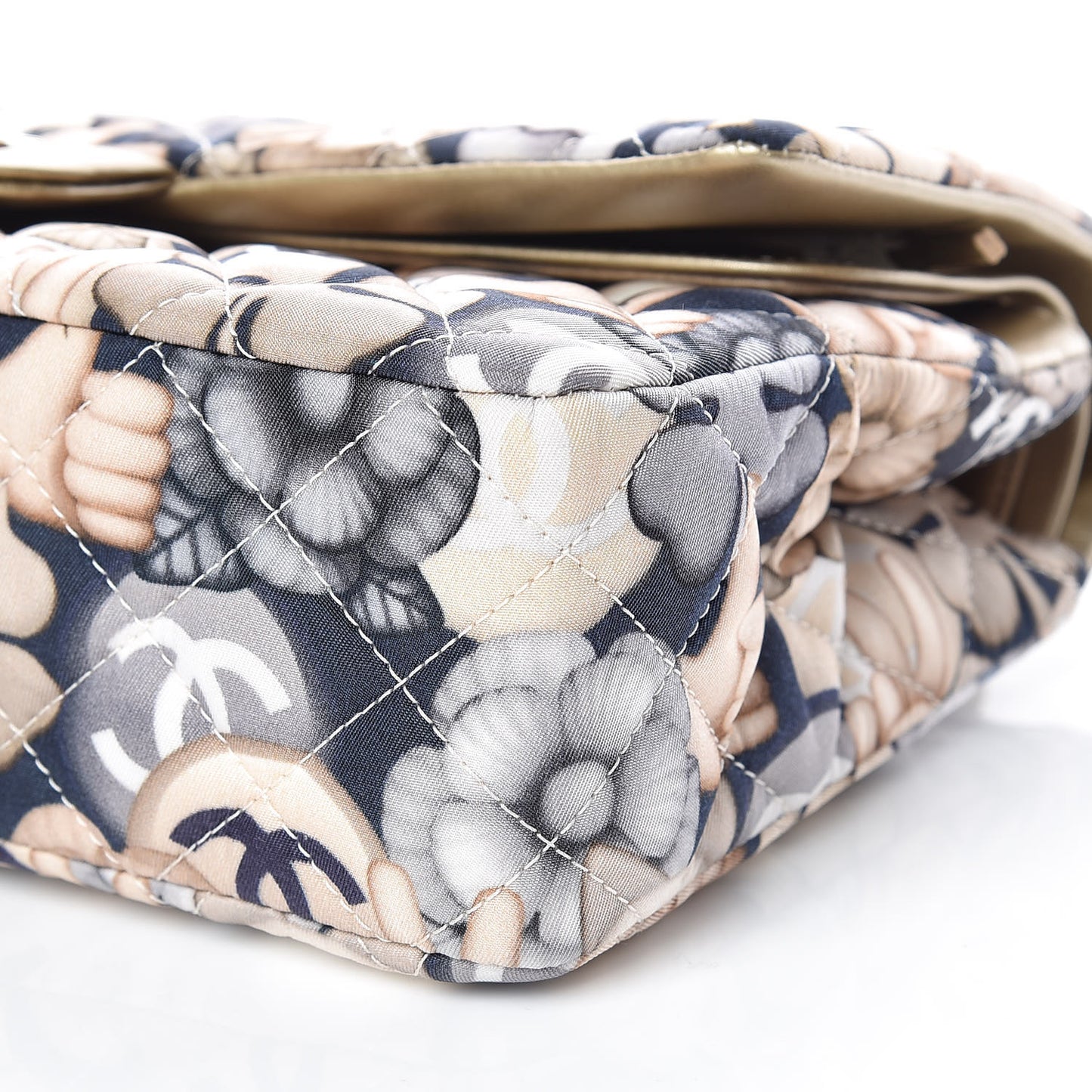 Nylon Quilted Medium Cat Emoticon Double Flap Navy Gold