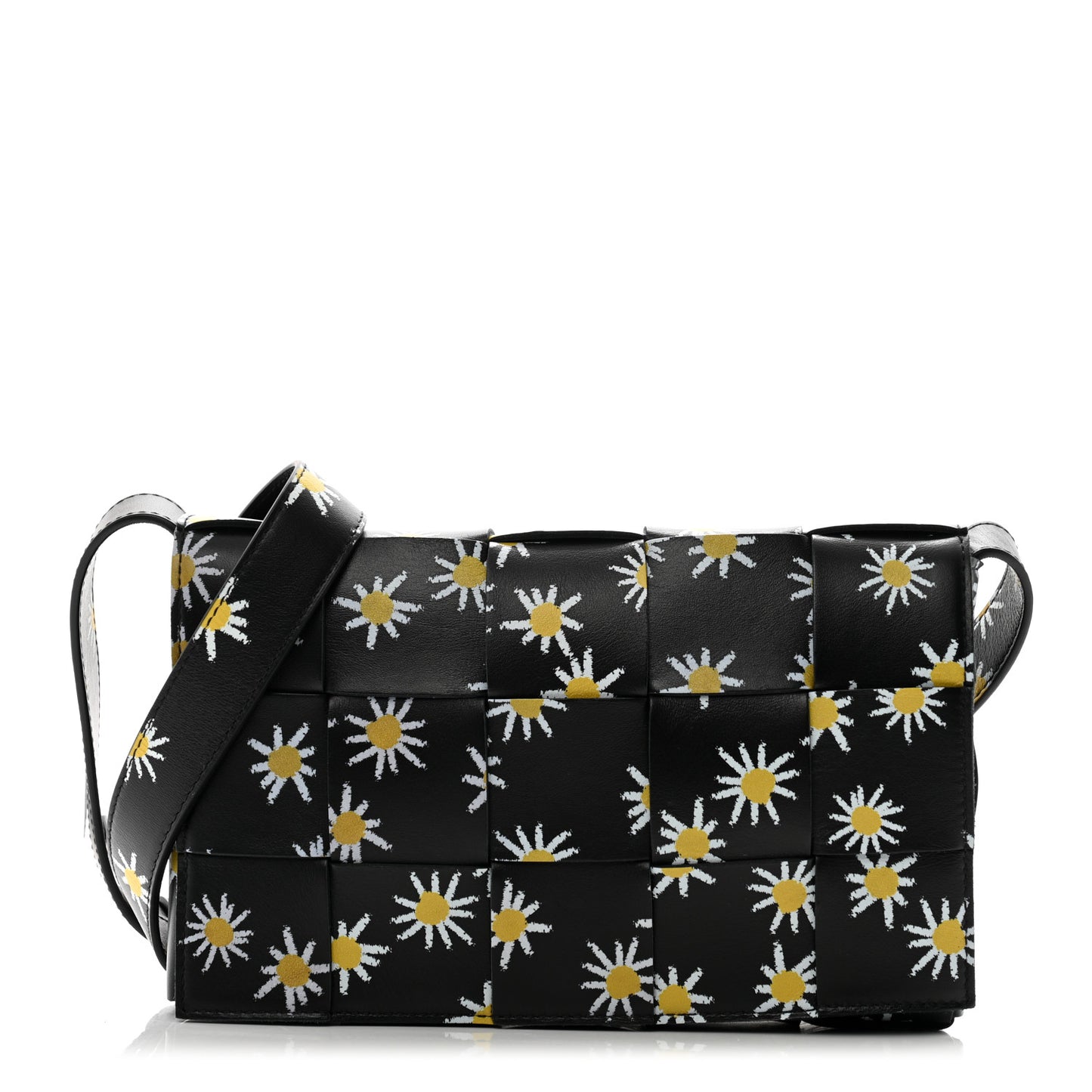 Calfskin Maxi Intreccio Daisy Print Small Cassette Crossbody Bag Black White Yellow