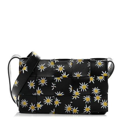 Bottega Veneta Calfskin Maxi Intreccio Daisy Print Small Cassette Crossbody Bag Black White Yellow 1 of 12